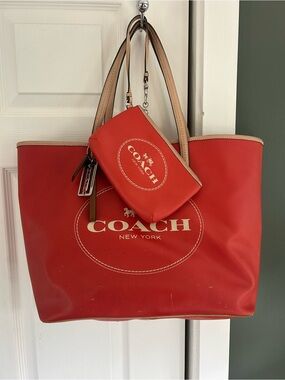 Coach Red Tote with Tan Handles and Matching Wristlet